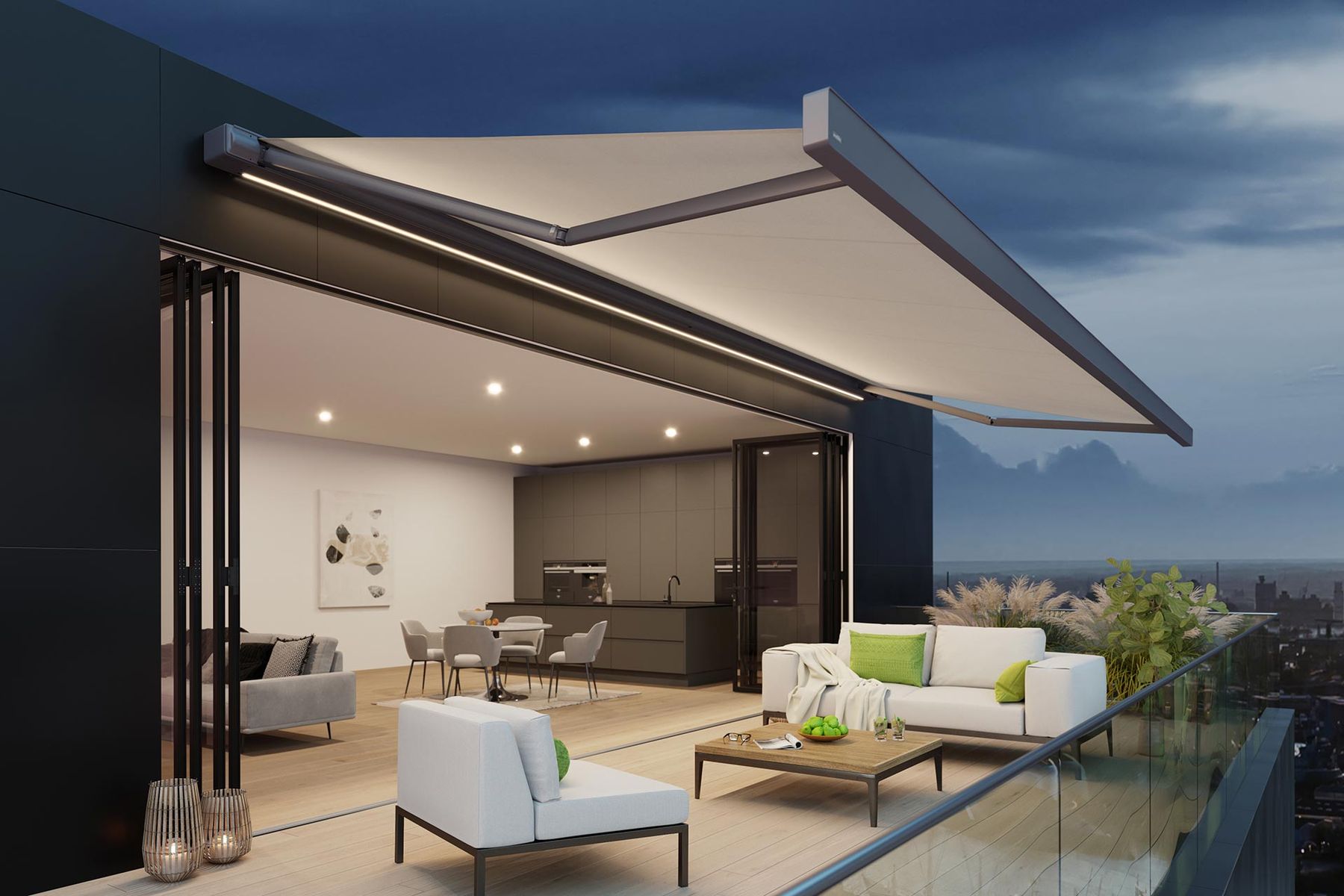 Gelenkarmmarkise an einer Dachterrasse